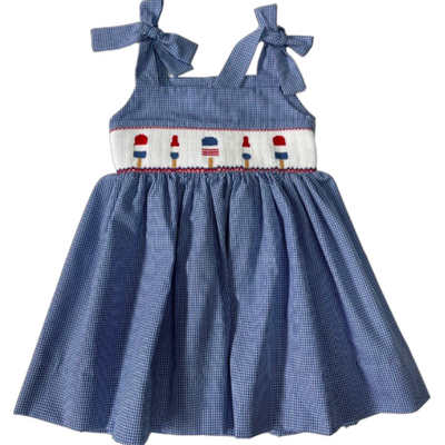 Lulu Bebe 4th of July Lollipops Smocked Waist Blue Gingham Dress