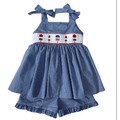 Lulu Bebe 4th of July Lollipops Smocked Waist Blue Gingham Short Set