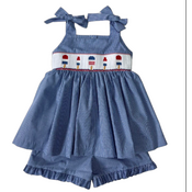 Lulu Bebe 4th of July Lollipops Smocked Waist Blue Gingham Short Set