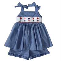 Lulu Bebe 4th of July Lollipops Smocked Waist Blue Gingham Short Set