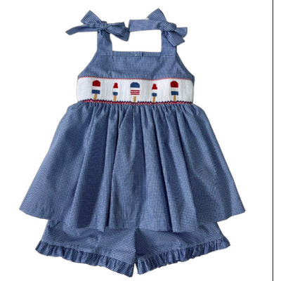 Lulu Bebe 4th of July Lollipops Smocked Waist Blue Gingham Short Set