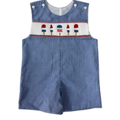 Lulu Bebe 4th of July Lollipops Smocked Blue Gingham Shortall