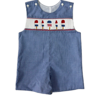 Lulu Bebe 4th of July Lollipops Smocked Blue Gingham Shortall