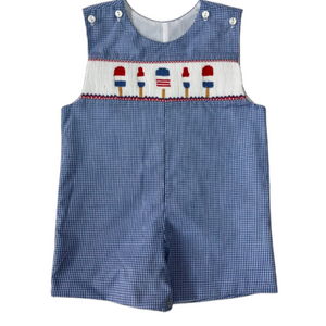 Lulu Bebe 4th of July Lollipops Smocked Blue Gingham Shortall