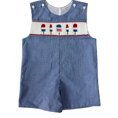 Lulu Bebe 4th of July Lollipops Smocked Blue Gingham Shortall