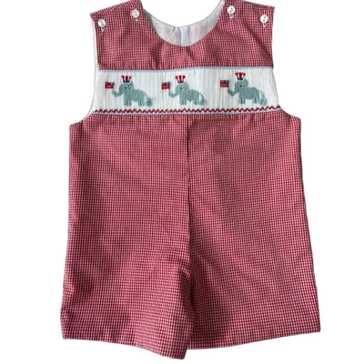 Lulu Bebe Patriotic Elephants Smocked Red Gingham Shortall