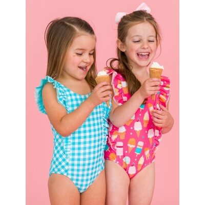 RuffleButts + RuggedButts Bright Aqua Gingham Waterfall One Piece Swimsuit