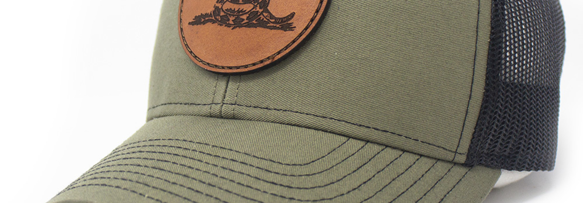 Leather Patch Trucker Hat, Don't Tread on Me, Loden/Black