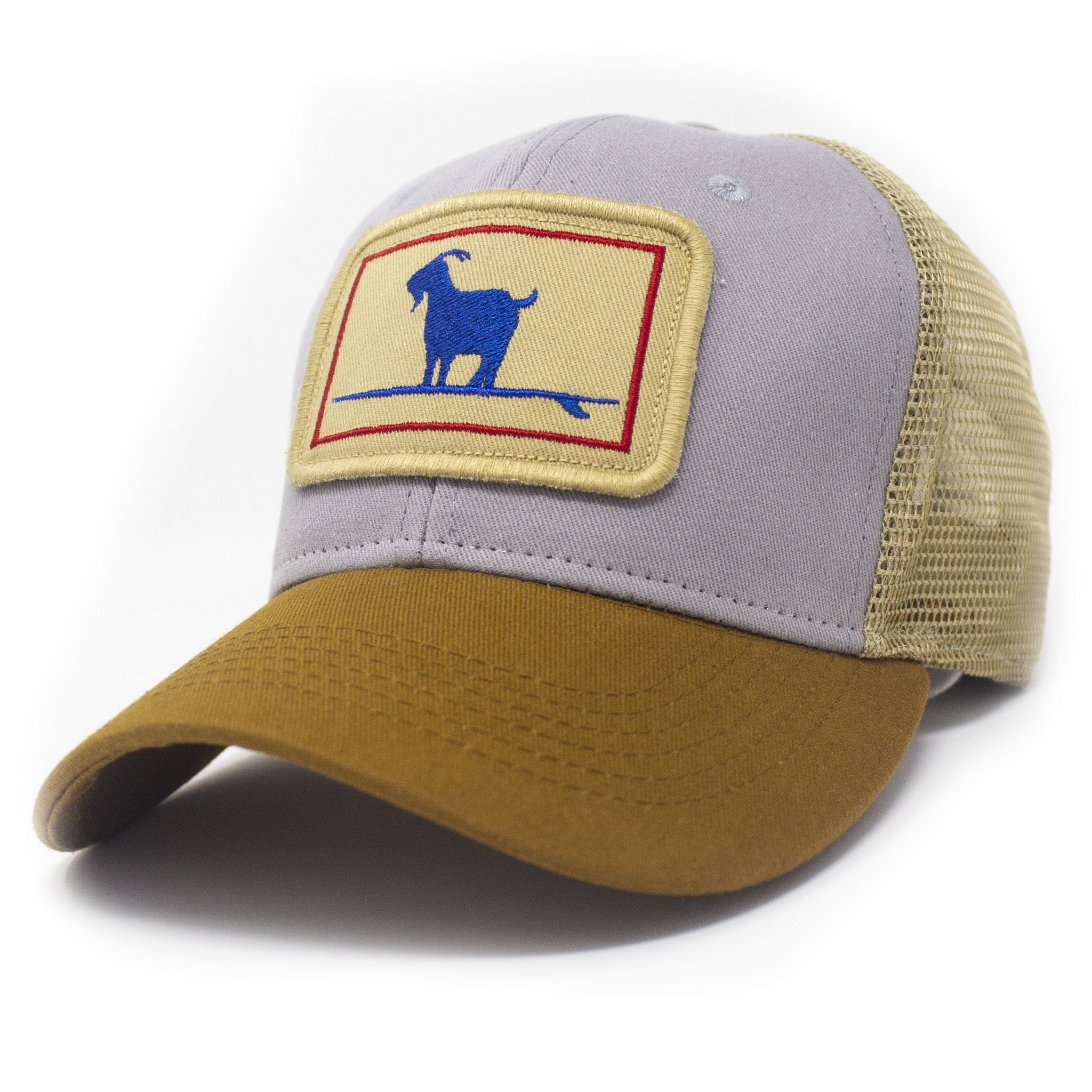 Surfing Goat Everyday Trucker Hat, Structured, Grey and Earth-1