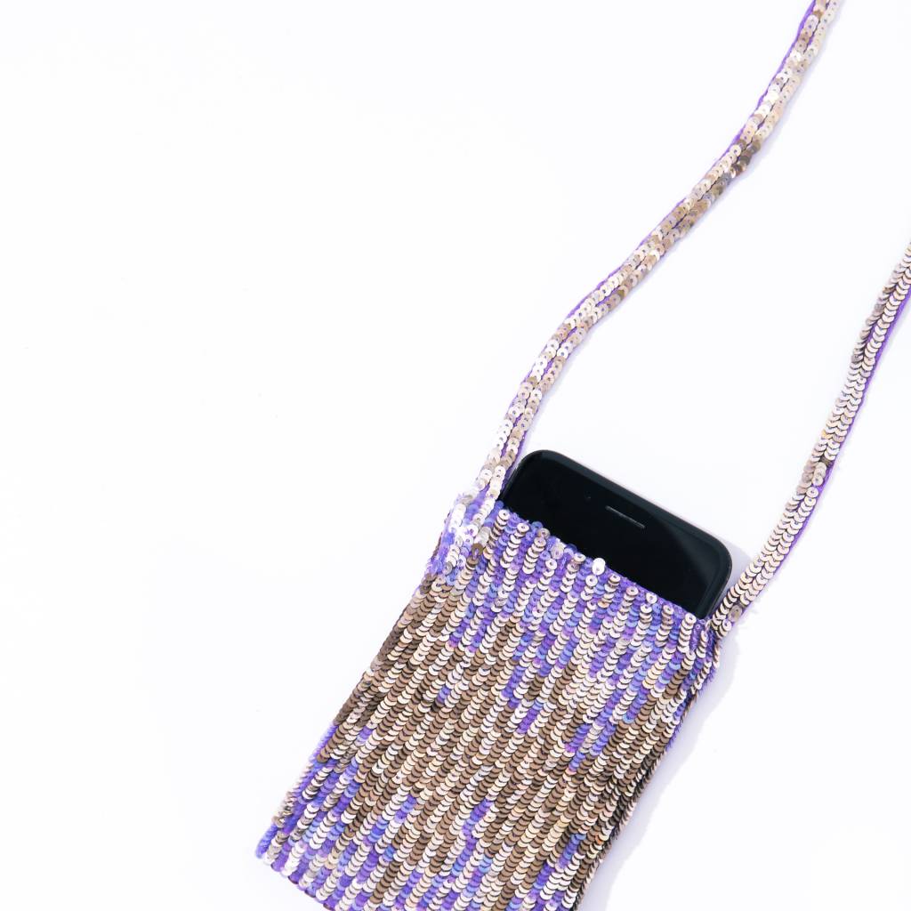 Lyell Violet/ Gold Sequinned Cell Phone Neck Pouch