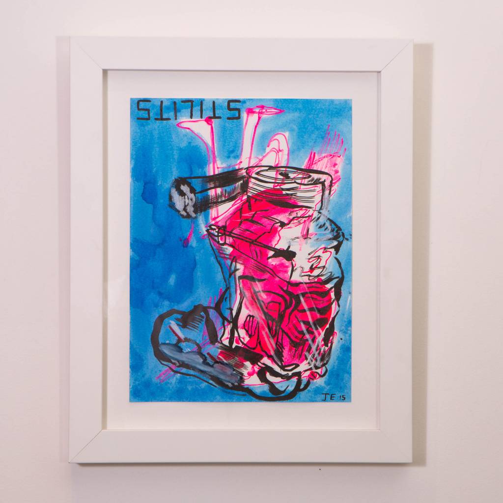 Josh Elrod Bored Over Pink Grinder - 11 x 15 - watercolor and gouache 2014, Framed