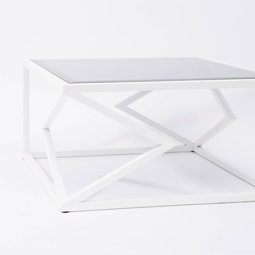 Alex Drew & No One Two Diamonds Cocktail Table, White Powder Coated Steel & Smoked Glass