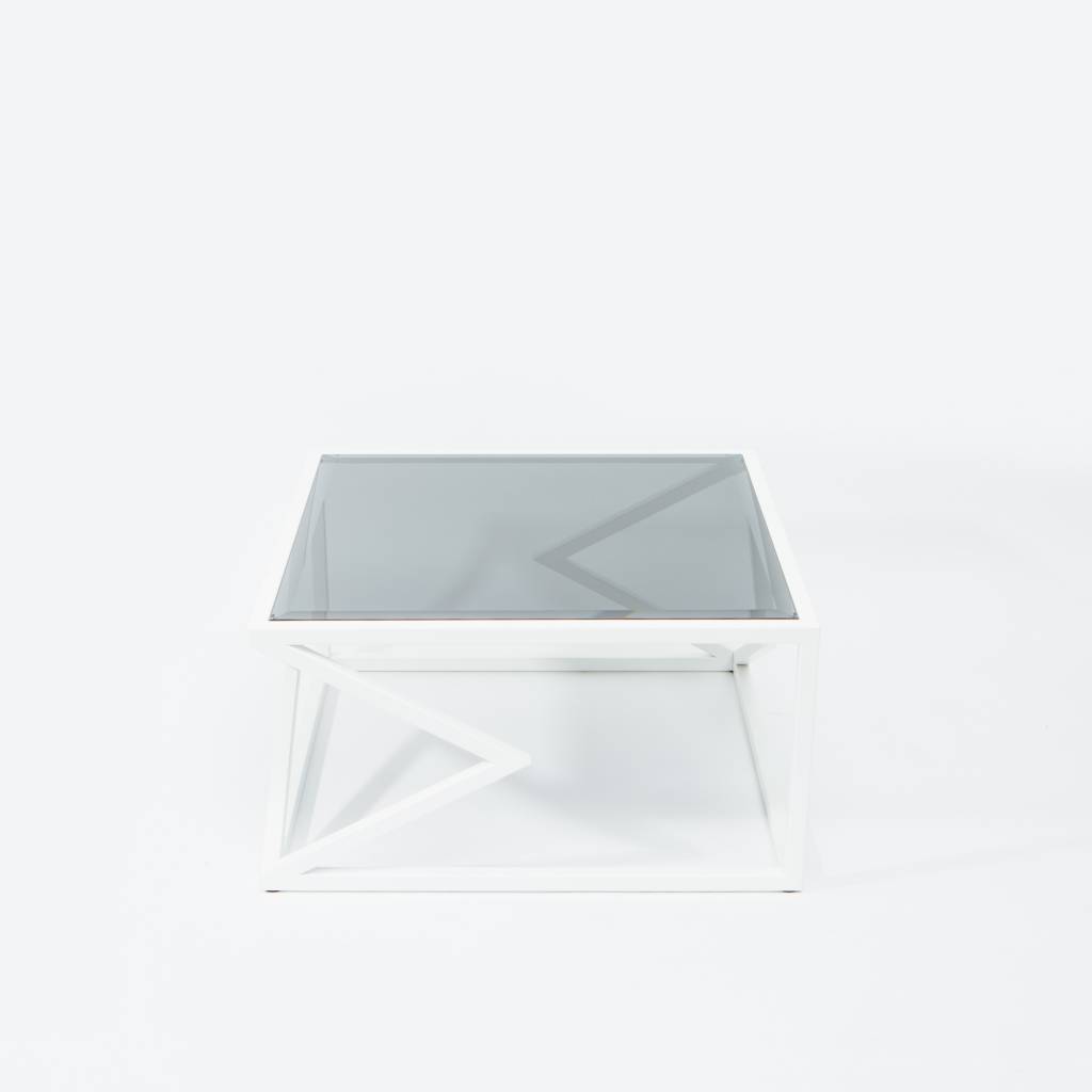Alex Drew & No One Two Diamonds Cocktail Table, White Powder Coated Steel & Smoked Glass