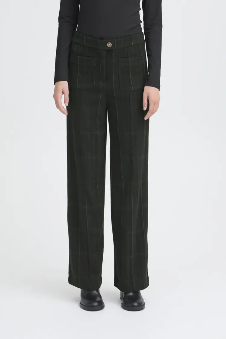 ICHI PANTALON KATE WOOLLEY -  BLACK/GREEN CHECK