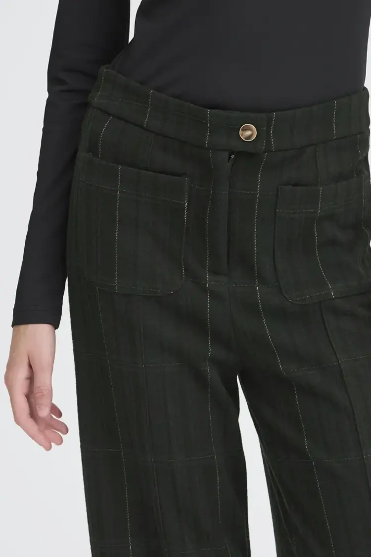 ICHI PANTALON KATE WOOLLEY -  BLACK/GREEN CHECK