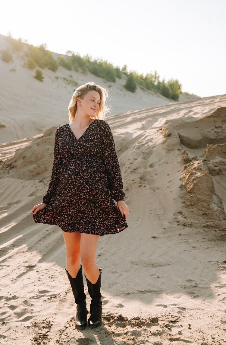 ROSE MATERNITÉ ROBE LOLITA - À FLEURS NOIR & ROSE