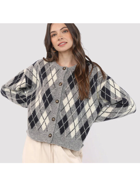 SADIE & SAGE CARDIGAN ARGYLE - GREY MULTI