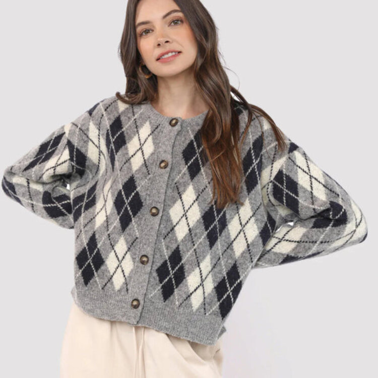SADIE & SAGE CARDIGAN ARGYLE - GREY MULTI