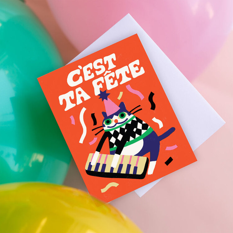 CARTE DE SOUHAIT - CHAT FESTIF