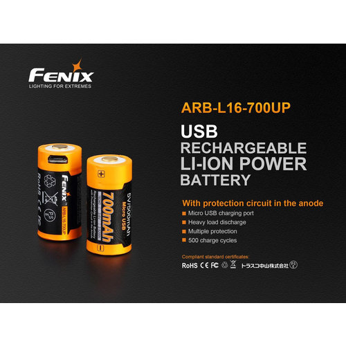 Fenix Battery Rechargeable W/USB Port 16340 700 Mha