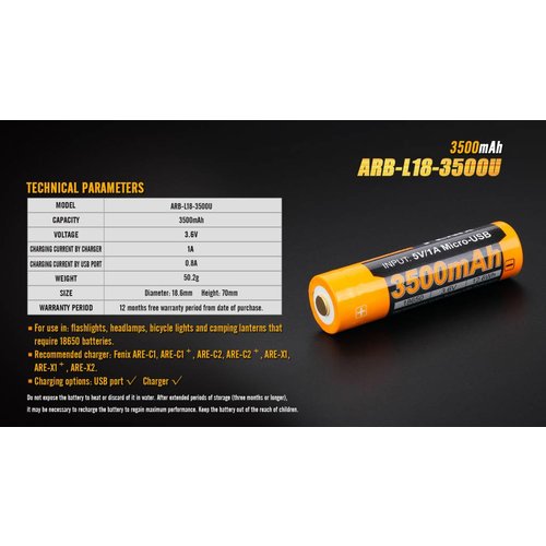 Fenix (+) Battery Rechargeable  W/USB Port 18650 3500 Mah