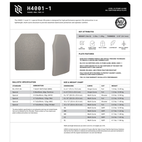 LORICA Equipment H4001-1 Level III Rifle Plate