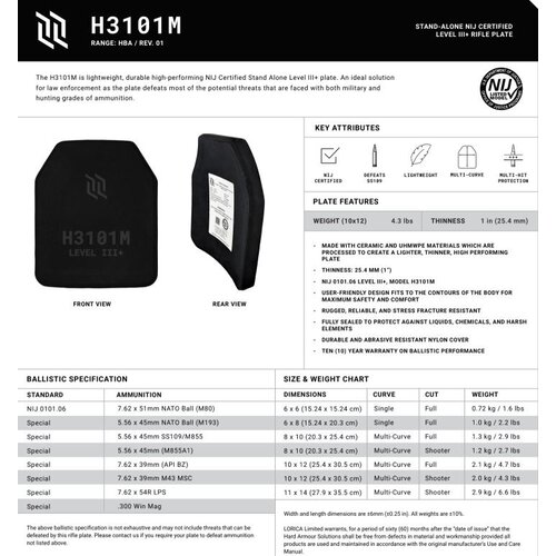 LORICA Equipment H3101M Level III+ Rifle Plate
