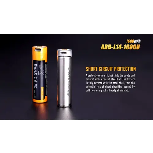 Fenix Battery Rechargeable 14500 1600 Mah W/Micro USB Port