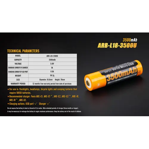 Fenix Battery Rechargeable  W/USB Port 18650 3500 Mah