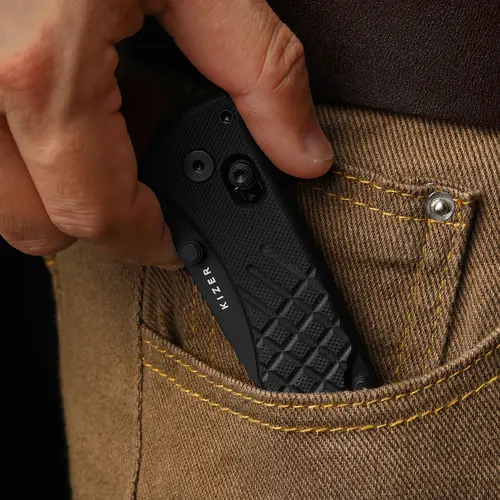 KIZER Cutlery AEGIS T Clutch Lock Rescue Hook & Glass Breaker Tanto Black