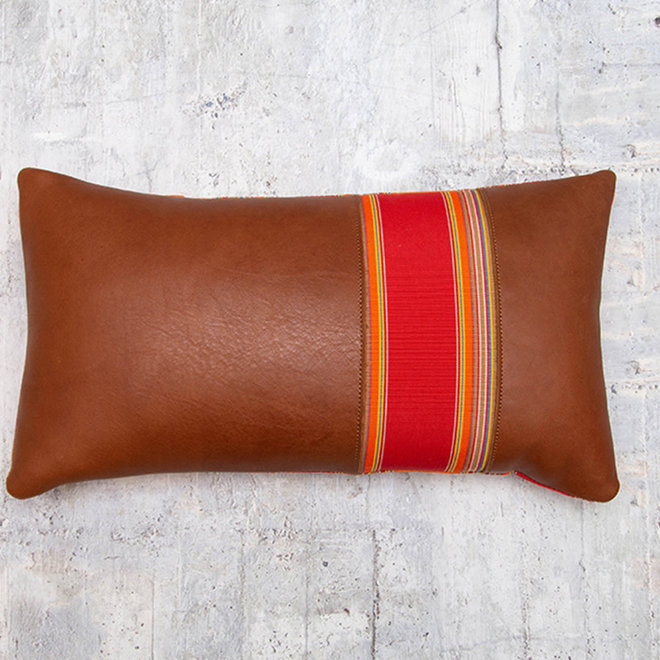 Cuscino Lumbar Pillow Brown with Red Stripe 18 x 10in