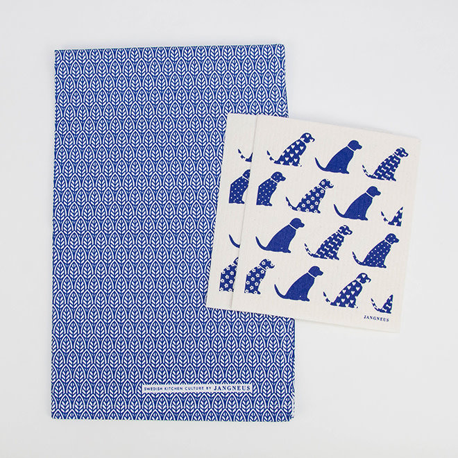 Tea Towel and Swedish Dishcloth Leaves Dog Blue