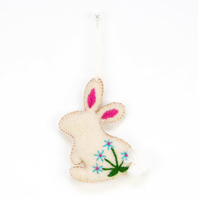Rabbit with Embroidered Flowers Easter Ornament White