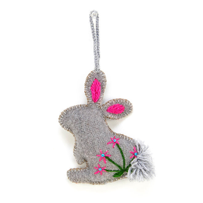 Ornament Rabbit with Embroidered Flowers Easter Grey
