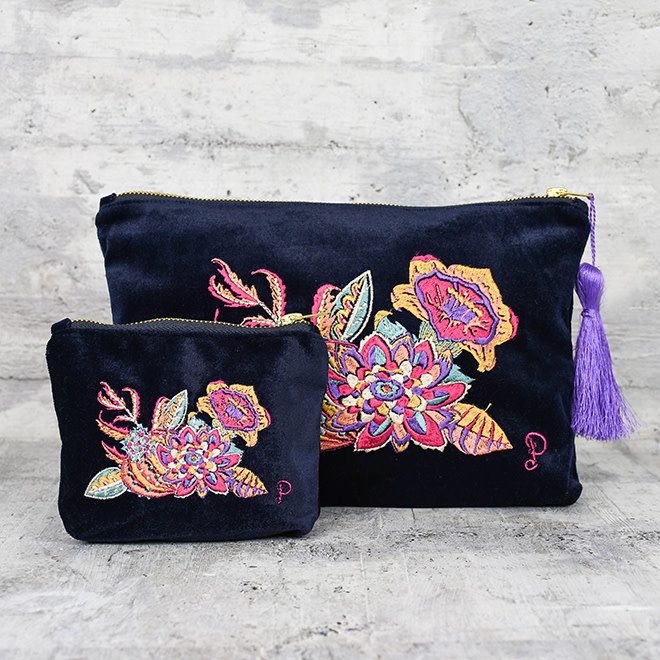 Mini Zip Pouch Embroidered Velvet Fantasy Floral Navy