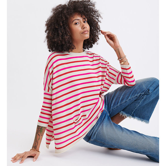 Catalina Crewneck Sweater Poppy, Ecru & Bright Pink Stripes