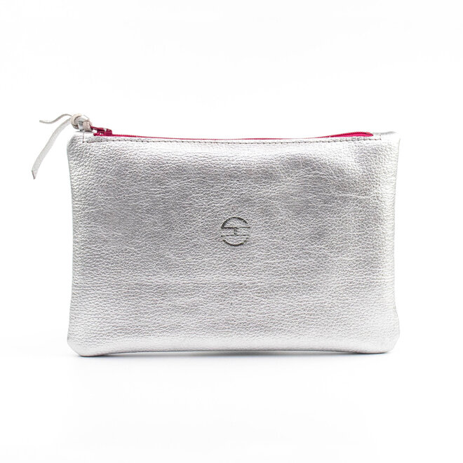 Leather Zip Pouch Soft Metallic Silver
