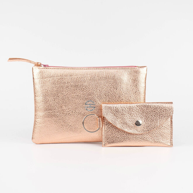 Leather Zip Pouch Soft Metallic Rose Gold