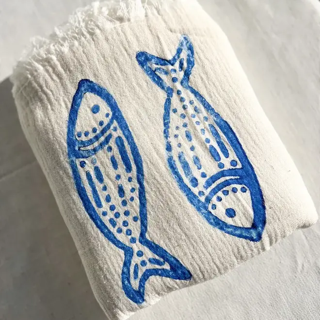 Turkish Throw & Bath Towel Block Print Fish - Kreatelier