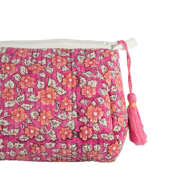 Quilted Zip Pouch Block Print Pink