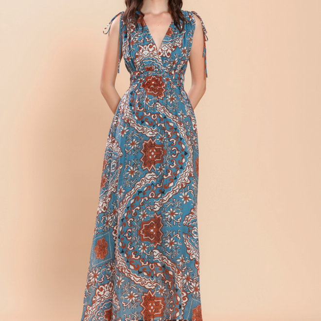 Long Dress Floral Blue & Brown