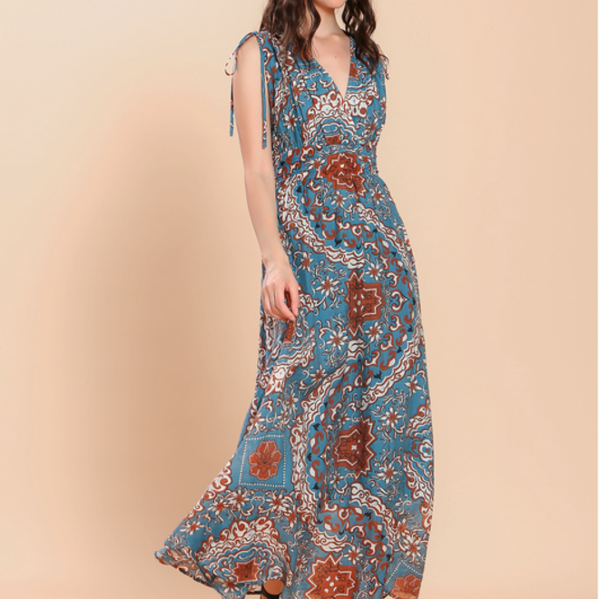 Long Dress Floral Blue & Brown
