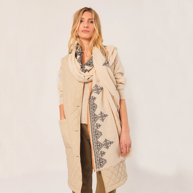 Scarf Ethinic Embroidered Ecru