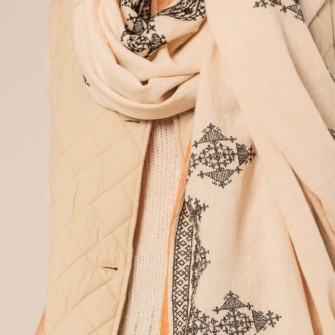 Scarf Ethinic Embroidered Ecru