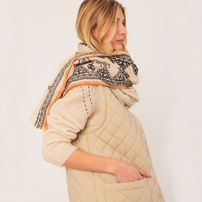 Scarf Ethinic Embroidered Ecru
