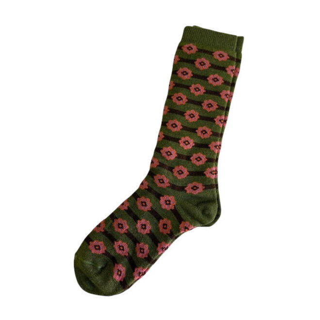 Alpaca Socks Jacquard Daisy Stripe Olive