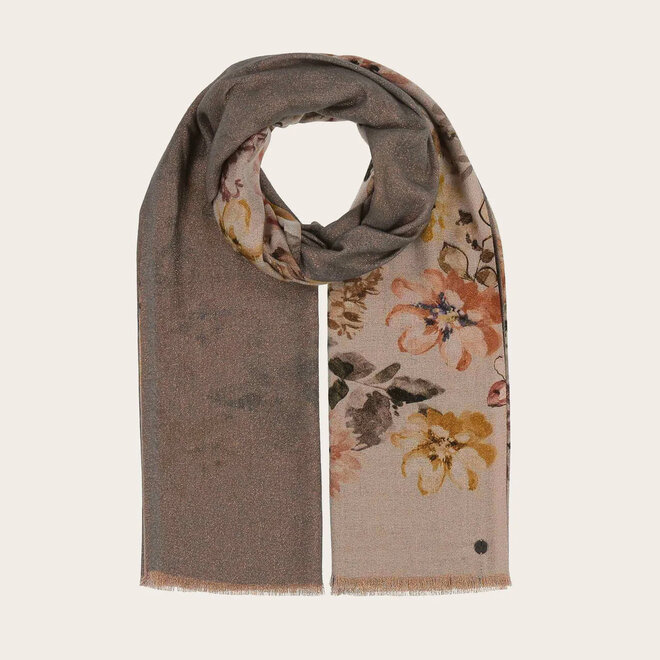 Glittering Scarf Double Face Floral Silver Cloud