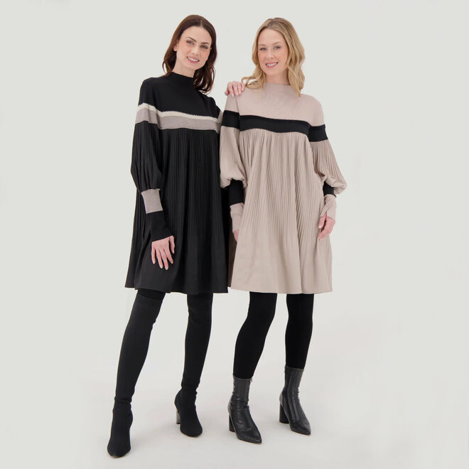 Dress Tunic Pleated Striped Black