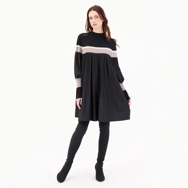 Dress Tunic Pleated Striped Black