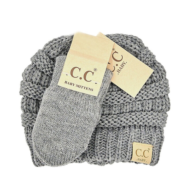 Baby Ribbed Beanie & Mitten Glove Grey 0-9M